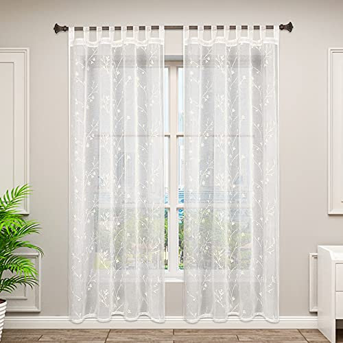 WOLTU 2er Set Gardinen transparent Blumen Stickerei mit Schlaufen Leinen Optik, Doppelpack Vorhang Stores Voile Fensterschal Dekoschal für Wohnzimmer Schlafzimmer, 140x245 cm, Beige
