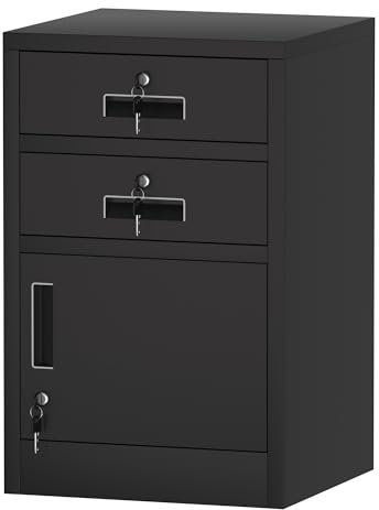 JINGUR Armadietto portaoggetti in metallo con porta di chiusura e 2 cassetti chiudibili a chiave, per casa, ufficio, camera da letto, soggiorno (nero)