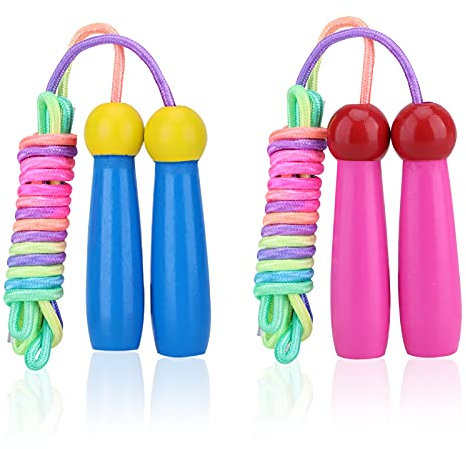 HOMALZ Corda per Saltare Bambini e Adulti, Salto della Corde in Cotone Regolabile con Manico in Legno Arcobaleno Skipping Rope Children per Ragazzi e Ragazze, 2 Pezzi