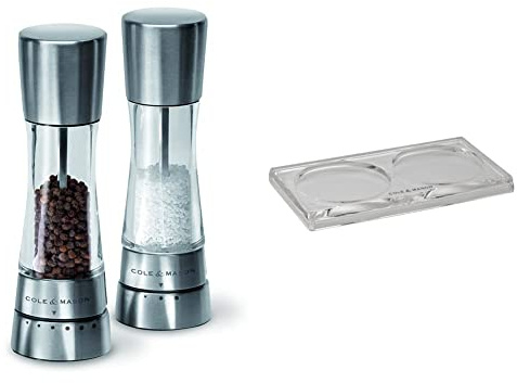 Cole & Mason H59408G Derwent Salt and Pepper Mills / H306119 Ramsgate Clear Salt and Pepper Mill Tray | Bundle | Lifetime Mechanism Guarantee - Mills