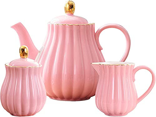 YBK Tech Euro Style Strength Porcelain Tea Sets, Coffee Pot Ceramic Teapot, Milk Jug and Sugar Bowl (Pink)