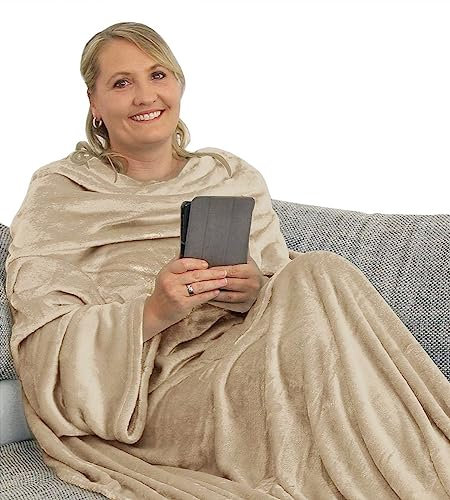 L.E.M.B. Hometrends Kuscheldecke mit Ärmeln TV Decke Sofadecke Ärmeldecke Wohndecke Fleecedecke Mikrofaser Strokkur 150 x 180 cm cc-beige