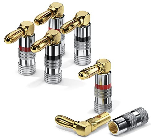 conecto connettori a banana per cavi altoparlanti, set di 4, spina angolata a 90°, placcati oro con codifica a colori (2x rossi, 2x neri), placcati oro 24k