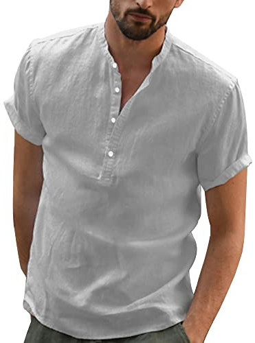 YAOBAOLE Men Linen Short Sleeve Stand Collar Shirts for Men Plain Beach Shirts for Men Light Gray 3XL
