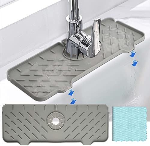 Guichangkai Abtropfmatte Silikon,Spritzschutz für Spülbecken,Spülbecken Abtropfmatte Silikon mit Ablauf Profi,Waschbecken Silikonmatte mit 1Pcs Fischschuppen Tücher für Wasserhahn,Spülbecken