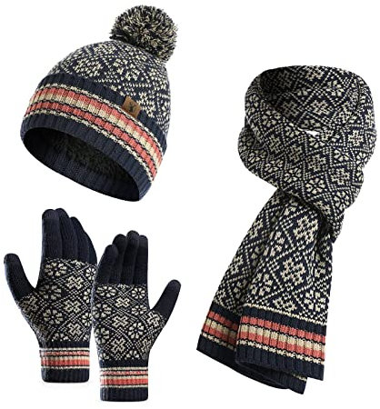 Meajore MüTze Schal Handschuhe Damen Set 3 In 1 Winter Warm Beanie Touchscreen Handschuh Und Lang Schal StrickmüTze Set