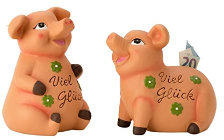 Sparschweine 2 Stück Viel Glück Kleeblatt Glücksbringer Sparbüchse Ferkel Spardose Sparschwein