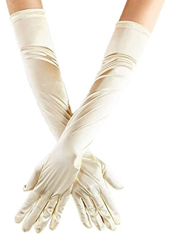 Duories Damen Lange Satin Handschuhe, Elastisch Elegant 1920er Stil Abendhandschuhe, Gothic Opera Fest Party Hochzeit Braut Handschuhe für Festlich Faschingskostüme Karneval, Beige