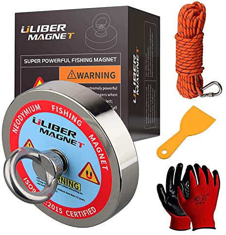 ULIBERMAG Magnetangel-Set, 500 kg, vertikale Zugkraft, magnetisch, robuster Neodym-Magnet N52 mit 15 m langem Seil, magnetisch zum Auffangen von Schätzen aus Flüssen ..
