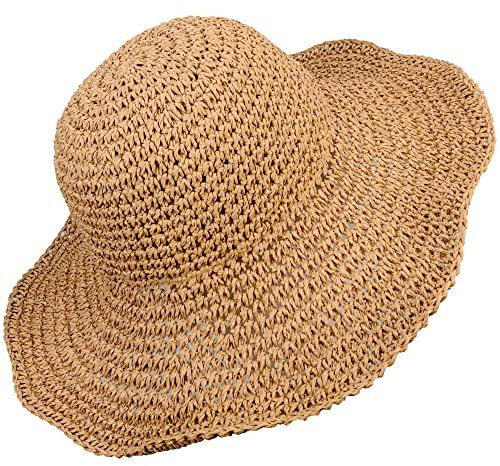 Sombrero de paja flexible de ganchillo para mujer, sombrero de playa suave, sombrero de viaje grande para mujer, sombrero de cubeta de verano, plegable, mediano, Caqui, M