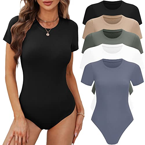 BALENNZ 5 Pack Bodysuits for Women Short Sleeve Round Neck Basic Tshirt, M