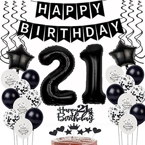 Schwarz Weiß Luftballons 21. Geburtstag Dekoration,Geburtstagsdeko 21 Jahre mann frauen Tortendeko 21 Geburtstag Ballons 21. mann Happy Birthday 21 Jahre männer deko 21