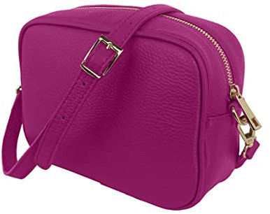 JOPHY & CO. Bolso de hombro de piel auténtica con flecos y cierre de cremallera para mujeres cod.5210, Fucsia 5275, M