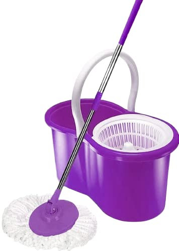 360° FLOOR MAGIC SPIN MOP BUCKET SET ROTATING DRY WITH 2 HEADS MICROFIBER (Purple)