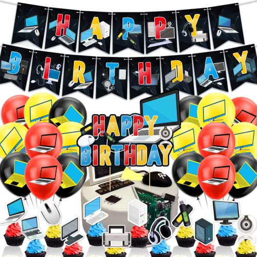 Computer Party Dekorationen Computer Geburtstag Party Lieferung inklusive Geburtstag Banner Cake Topper Cupcake Topper Luftballons