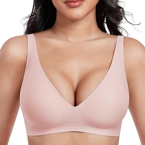 JOYTREE Glatter Damen BH mit Tiefem V-Ausschnitt Klassischer Nahtloser Bügelloser Soft Seamless T-Shirt und Schlaf BH mit Zusätzlicher Verlängerung