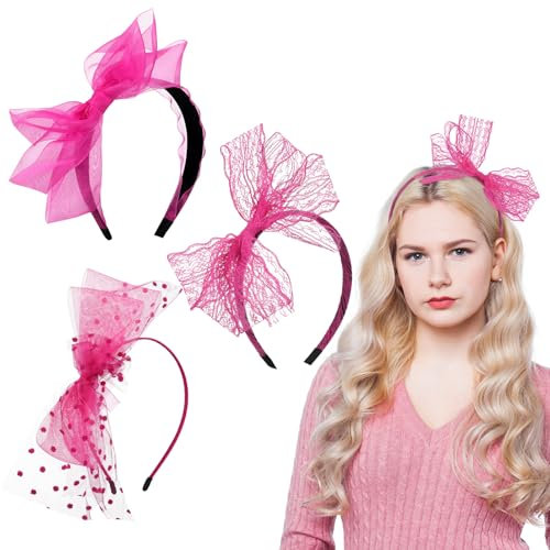 FRIUSATE 3 Stück Neon Spitze Schleife Stirnband Damen 1980er Neon Spitze Stirnband Retro Spitze Haarbänder Haarschmuck für 80er Jahre Party Karneval Weihnachten Party Tägliche Dekoration Neon Pink