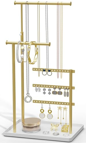 susswiff Jewelry Holder Organizer Stand - Adjustable Tall 17.5 (Max), Sturdy Jewelry Hanger for Necklaces, Earrings, Bracelets, Rings, Jewlery Display and Storage, Gold and White, Metal
