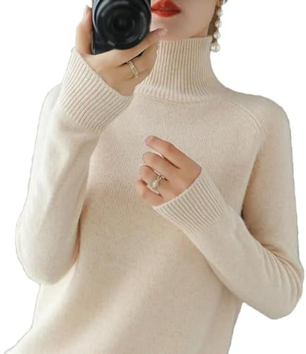 BAWUTZ Maglione da donna, in cashmere, a collo alto, 100% cashmere, a maniche lunghe, per il tempo libero, colletto alto, a maniche lunghe, per autunno e inverno, panna, m