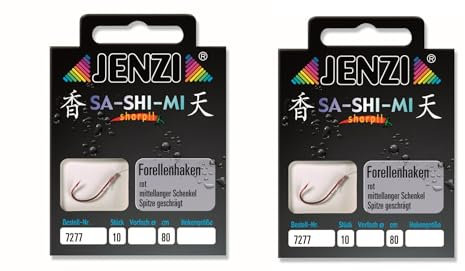 2 Packungen Set JENZI gebundene Forellenhaken (20 Stück) Mono, 80cm Hakengröße 4, 6, 8, 10 & 12 je nach Auswahl + gratis Petri Heill! Aufkleber (Hakengröße 10)