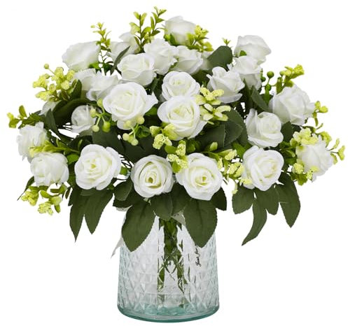 JUSTOYOU Bouquet di rose artificiali in seta bianca con 28 rose finte, realistiche, per matrimoni, casa, giardino, feste, ufficio, 4 pezzi, colore bianco