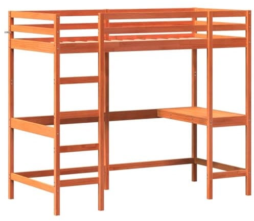 vidaXL Hochbett mit Schreibtisch, Bett für Kinder ab 6 Jahren, Stockbett mit Sperrholzlatten, Etagenbett Kinderbett, Wachsbraun 90x200cm Massivholz Kiefer