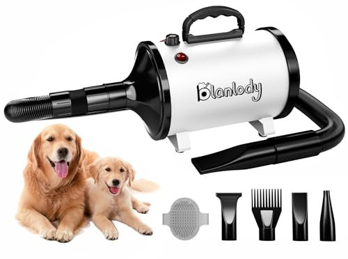 Blanlody Hundefön Blower Sehr Leise 4.5 PS / 3200W Motor Einstellbare Geschwindigkeit, Hundepflege-Trockner-Gebläse mit 4 verschiedenen Düsen elastischem Schlauch und Pflegebürste