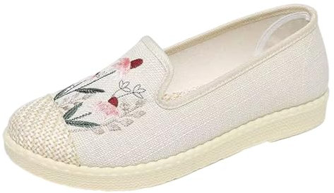 RLEHJN Summer Flat Shoes for Women UK Clearance Floral Embroidered Loafer Flat Closed Toe Walking Sandals Slip On Plimsolls Canvas Espadrille Pumps Shoes Beige and Black