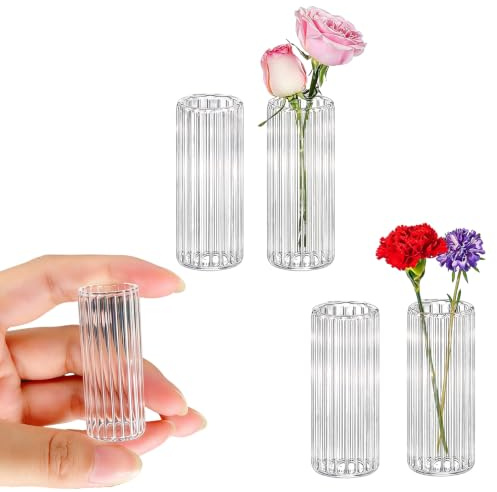 MIUPOO Mini Verschiedene Formen Transparente Geriffelte Kleine Blumenvasen | Mini Stilvolle Deko Vasen Für Frische Blumen Trockenblumen Tisch Wohnzimmer Hochzeit