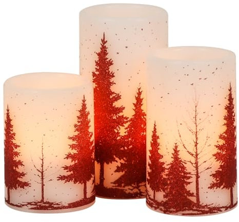 Eldnacele LED Kerzen mit 6-Stunden-Timer, batteriebetriebene flammenlose Säulenkerzen aus echtem Wachs, für Weihnachtsdekoration (Weihnachtsbaum, Rot, 3er Set 7,5x10/12,5/15 cm)