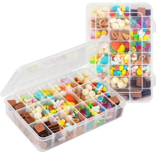 HOTUT Snackbox mit 24 Fächer, 2 Stück Sortimentskasten verdicken mit Deckel für Reise Mahlzeit Party, Einstellbar Aufbewahrungsbox, transparente Sortierboxen, Sortierkasten zum Basteln, für Perlen