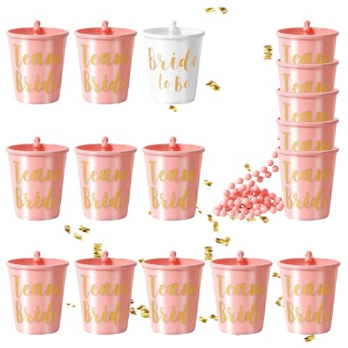 Votoko 16 Stück Schnapsgläser mit Kette, JGA Becher zum Umhängen für Junggesellenabschied Frauen, Team Bridal Rosa Schnapsgläser für Hochzeitsfeiern, Karneval, Brautparty, Deko Accessoires