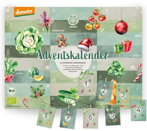 Loveplants Calendrier de l'Avent 2024 avec 24 variétés de graines de légumes Demeter | Calendrier à faire soi-même avec clips, enveloppes et ficelle | Cadeau pour les amateurs de jardin, les amis du