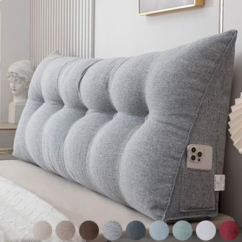 Rückenkissen Bett 100cm Grau, Leinen Rückenlehne Kissen, Keilkissen Bett kopfteil, Waschbar Abnehmbar Lesekissen für Bett und Sofa, Rückenstützkissen Lendenkissen mit Seitentasche