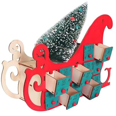 Gift Boxes Advent Calendar 2024 With Led Lights, DIY Wooden Sleigh With 24 Storage Drawers, 24 Days Christmas Countdown Advent Desktop Decoration Xmas Present Gift Box for Kids Boys Girls (A)