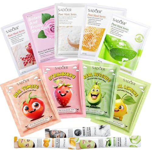 12 Pezzi Maschera Viso Idratante, con Acido Laluronico, Aloe Vera, Estratto di Riso, Maschere Viso in Tessuto, per Azione Idratante, Detergente, Set Skin Care Ragazza Donne
