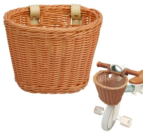 Rattan Fahrradkorb für Kinder,Fahrradkorb Kinder Vorne Laufrad Korb Lenkerkorb Kinder,mit 2 verstellbaren Lederriemen, für 12 Zoll Fahrrad, Laufrad, Frontkorb