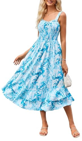 GRACE KARIN Womens Elegant Summer Floral Beach Maxi Dresses Smocked Strappy Boho Dress Blue Water-Ripples XL