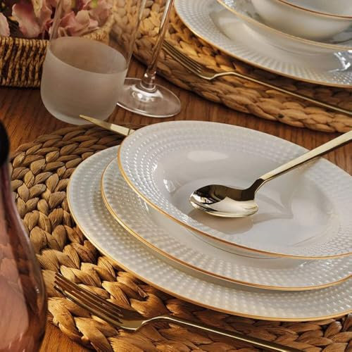 Vajilla de Porcelana de 24 Piezas Blanca – Vajilla Porland Izem Malla Dorada – Vajilla para 6 Personas Blanca y Dorada