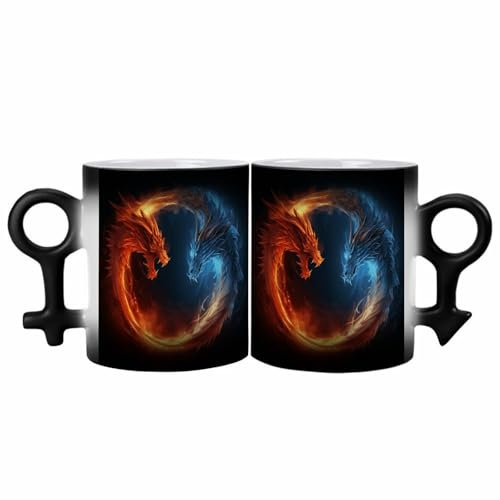 HJUQNGF 2 Pack Couple Coffee Mug, Fire And Ice Dragons Color Changing Coffee Cup, Ceramic Magic Tumbler, Heat Sensitive Mug, Personalized Novelty Cups for Women Men