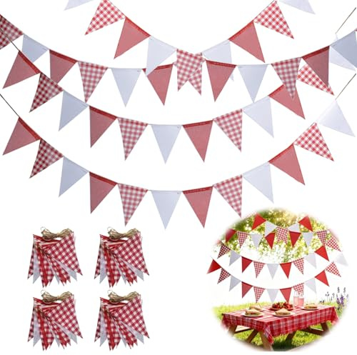 Hexizexi 48 Stück Wimpelkette Outdoor Rot-weiß Karierte 4er-Set 16M | Wimpelgirlande Outdoor Wimpelkette Outdoor Wetterfest für Geburtstag Hochzeit Party Garten Dekoration