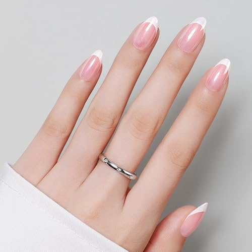 Luxbon Durable Short Almond Press On False Nails Acrilico con colla per unghie No-Cure e kit di strumenti - French Manicure Soft Gel Tips 25-30pcs Full Size Set, cromo bianco