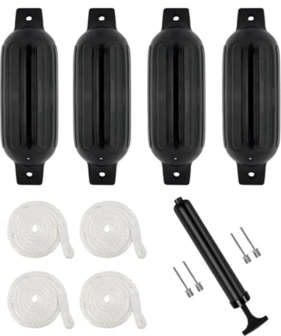 NEWFUN 4X Fender Boot,Bootsfender,50 * 14cm Kotflügelsatz Mit Kotflügelleitungen, Einschließlich Pumpe, Vier Luftbolzen, Antikollisionsschutz, Geeignet für Boote von 3 bis 6 Metern PVC
