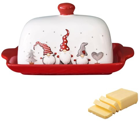 Weihnachten Butterdose Keramik, Butterglocke Für 250g Butter, Butterdose Porzellan mit Deckel, Elch Wichtel Butterschale, Weihnachten Geschenk Butterbehälter Für Butter Käse Lagerung (A)