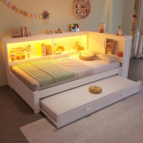 Soweiz Daybett, Kinderbett 90x200 cm, Schlafsofa, Tagesbett mit ausziehbarem Bett, Mit Steckdose, 1 USB-Anschlüssen, 1 Typ-C ausgestattet, Ohne Matratze, Weiß