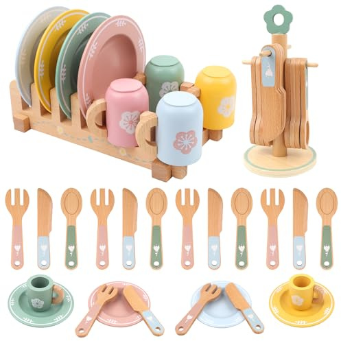 Kinderküche Zubehör Kinderküche Geschirr,Spielküche Zubehör Holz | mit Tassen Teller Bunt Kinder Küchenzubehör Spielzeug für Jungen und Mädchen 3 4 5 6 7 8 Jahre für Weihnachten Geburtstag