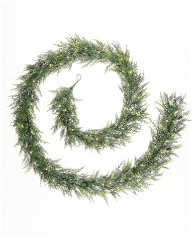 12ft Pre-Lit Full PE Green Garland – 192 PE Tips, 150 Warm White Micro LEDs, 8-Function Memory Controller