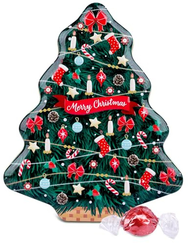 Weihnachtsbaum Blechdose mit 12 Pralinen 120g – gefüllt mit feiner Vollmilchschokolade – nostalgische Metallbox mit Pralinen als Geschenkidee zu Weihnachten – wiederverwendbare Geschenkverpackung