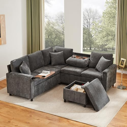Luscriate Chenille Ecksofa mit Schlaffunktion 205×205 cm – Ausziehsofa mit Hocker & Stauraum, USB & Type-C, Leselampe, Ausklappbarer Couchtisch mit Getränkehaltern, Grau