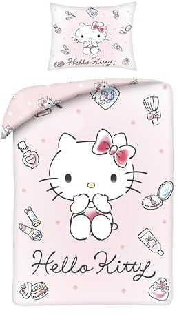 Hello Kitty Makeup Bettwäsche 140x200 + Kissenbezug Rosa Mikrofaser weich | Wendebettwäsche | Mikrofaser weich schnelltrocknend Oeko-Tex | Lippenstift Nagellack Parfüm | Sanrio | Geschenkidee